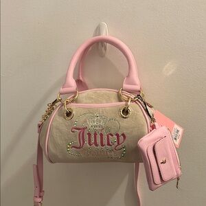 Juicy Couture Pink and Cream Velvet Mini Satchel with Logo Embellishment